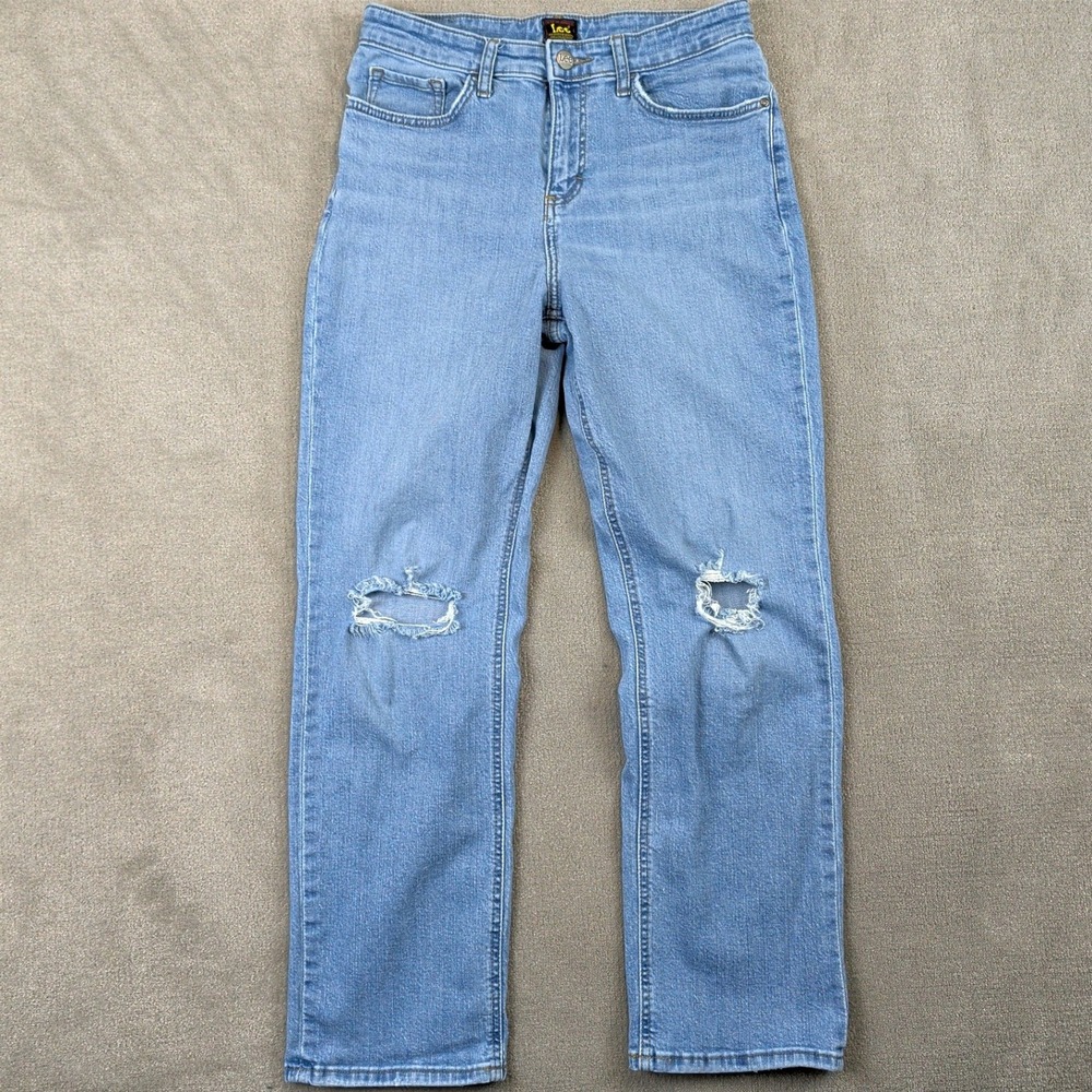 Lee Straight Leg Jeans Womens 10 Medium Blue Distressed High Rise Stretch Denim